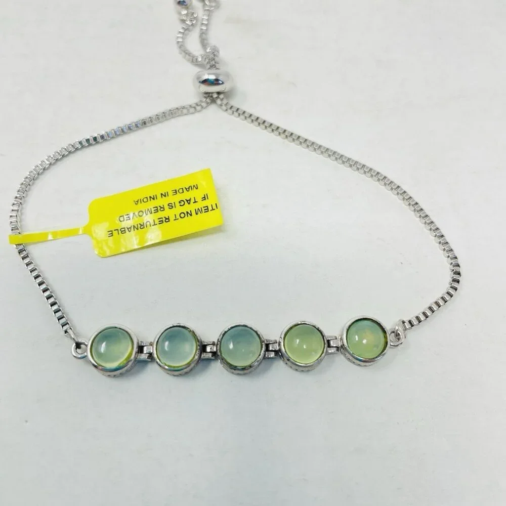 KARIS Green Chalcedony‎ Platinum Bond Brass Bolo Bracelet Adjustable 5047
